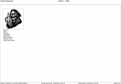 mature, Machine Embroidery files, grim reaper, middle finger, funny, sarcastic, PES, DST, xxx, hus & more