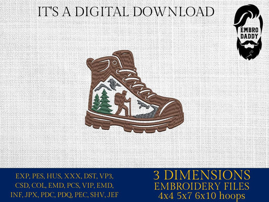 Machine Embroidery files, hiker boots, Funny Hiking Lover Gift, Mountain Design, PES, xxx, hus & more