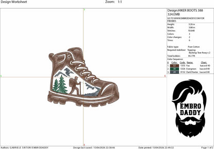 Machine Embroidery files, hiker boots, Funny Hiking Lover Gift, Mountain Design, PES, xxx, hus & more