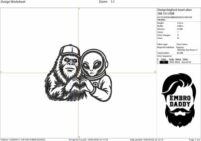 Machine Embroidery files, Bigfoot alien heart, funny, Bigfoot pes, Big Foot, Yeti, Sasquatch PES, xxx, hus & more