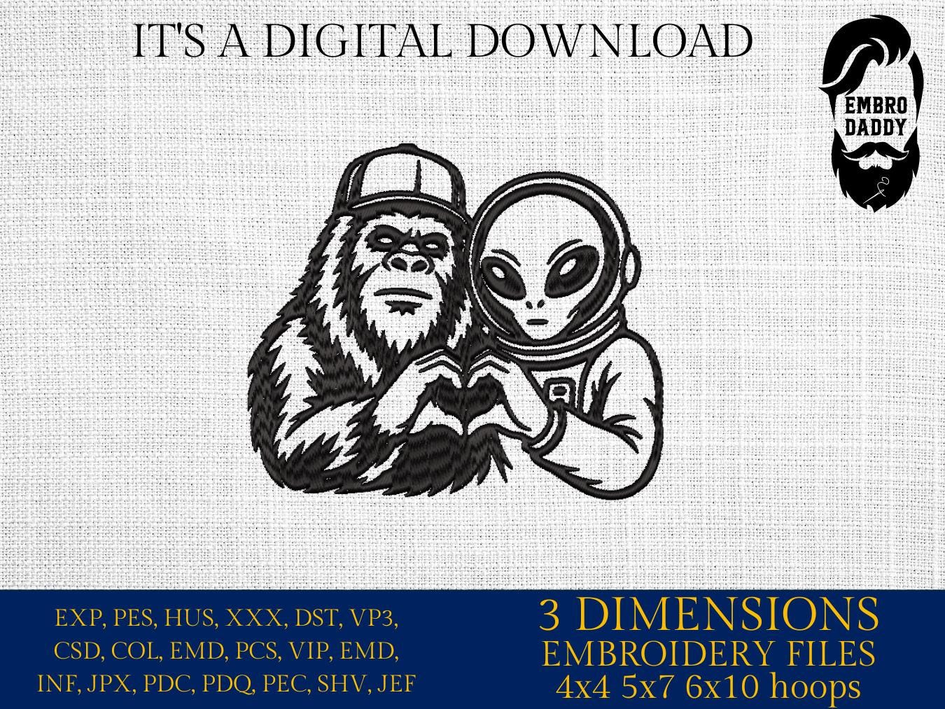 Machine Embroidery files, Bigfoot alien heart, funny, Bigfoot pes, Big Foot, Yeti, Sasquatch PES, xxx, hus & more