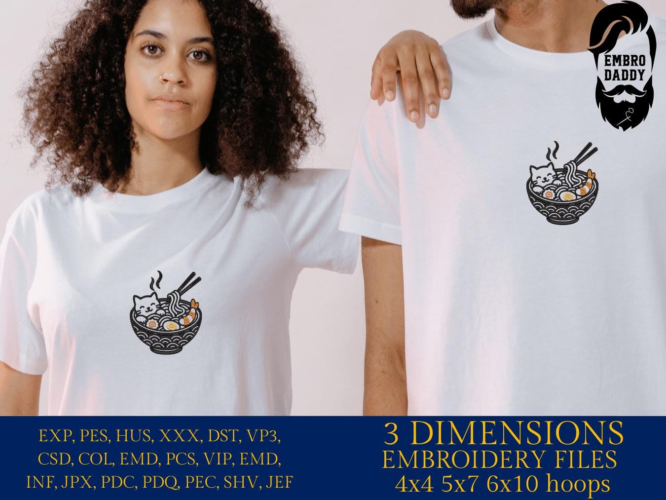 Machine Embroidery files, Cute Cat, Japanese Noodle, Cartoon Cat, Cat Ramen, PES, DST, xxx, hus & more