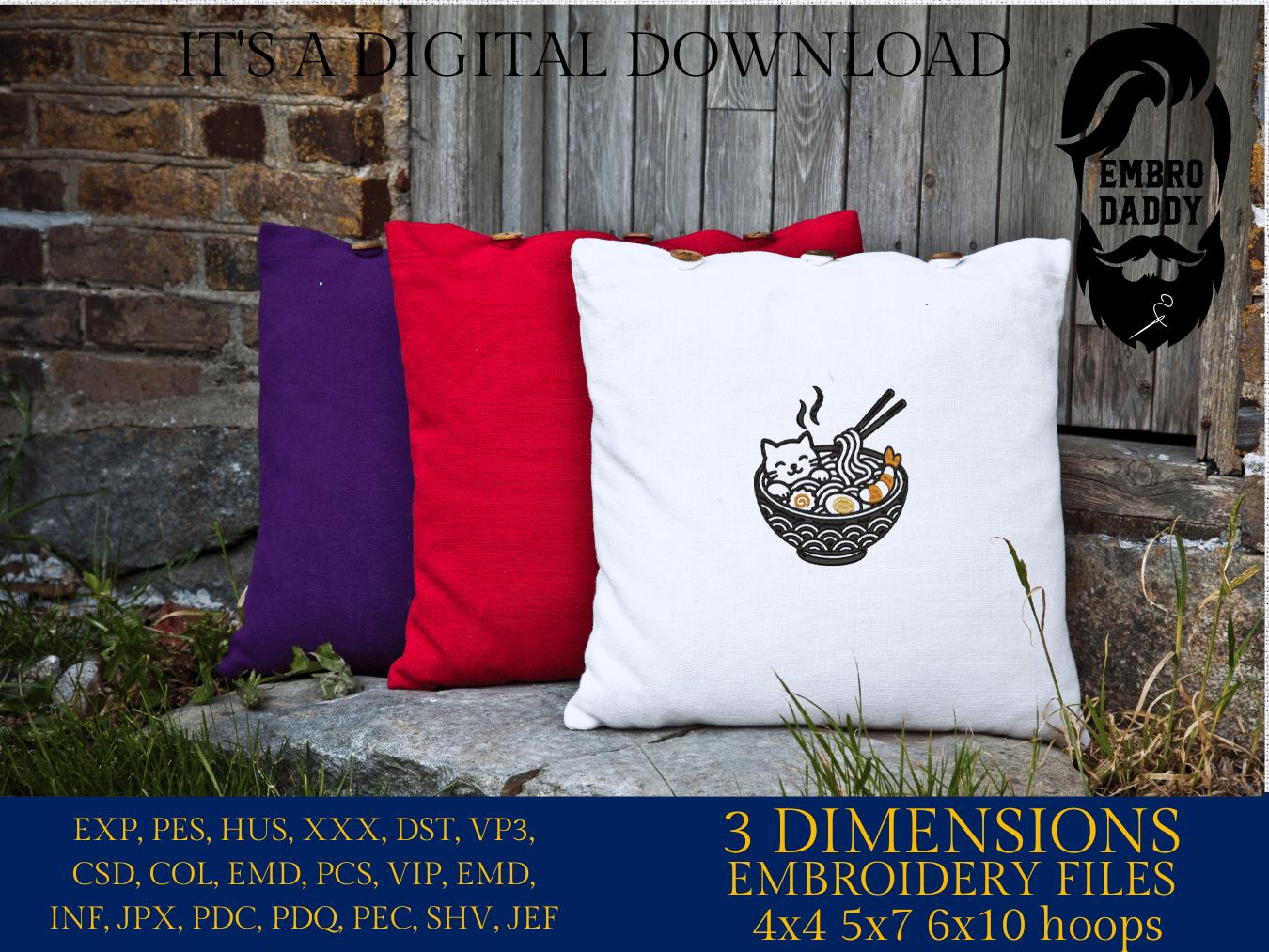 Machine Embroidery files, Cute Cat, Japanese Noodle, Cartoon Cat, Cat Ramen, PES, DST, xxx, hus & more