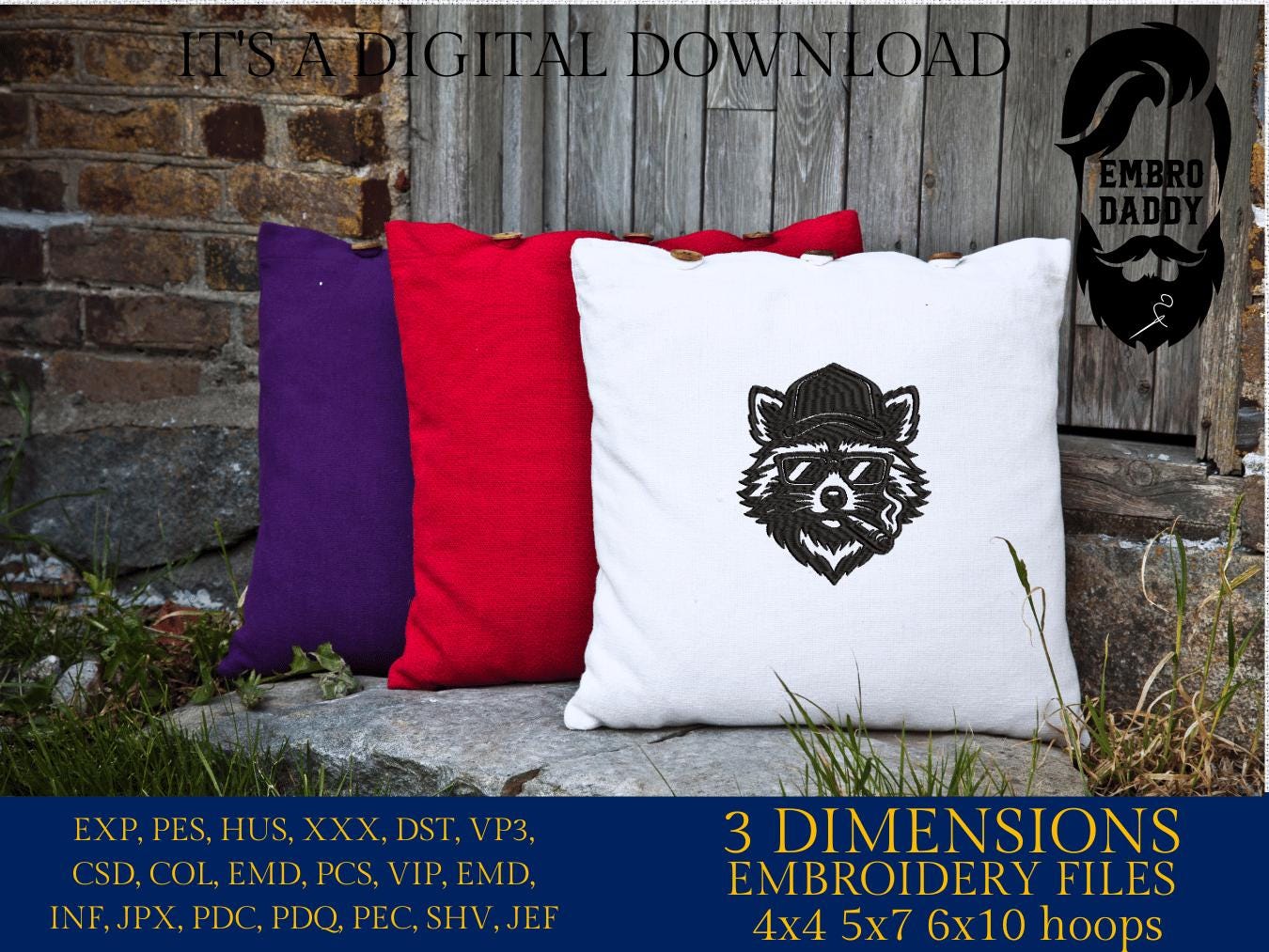 Machine Embroidery files, Raccoon Mullet with sunglasses smoking, Cool Raccoon Trucker Hat, PES, dst, xxx & more