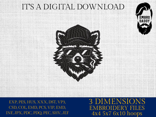 Machine Embroidery files, Raccoon Mullet with sunglasses smoking, Cool Raccoon Trucker Hat, PES, dst, xxx & more