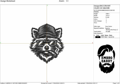 Machine Embroidery files, Raccoon Mullet with sunglasses smoking, Cool Raccoon Trucker Hat, PES, dst, xxx & more