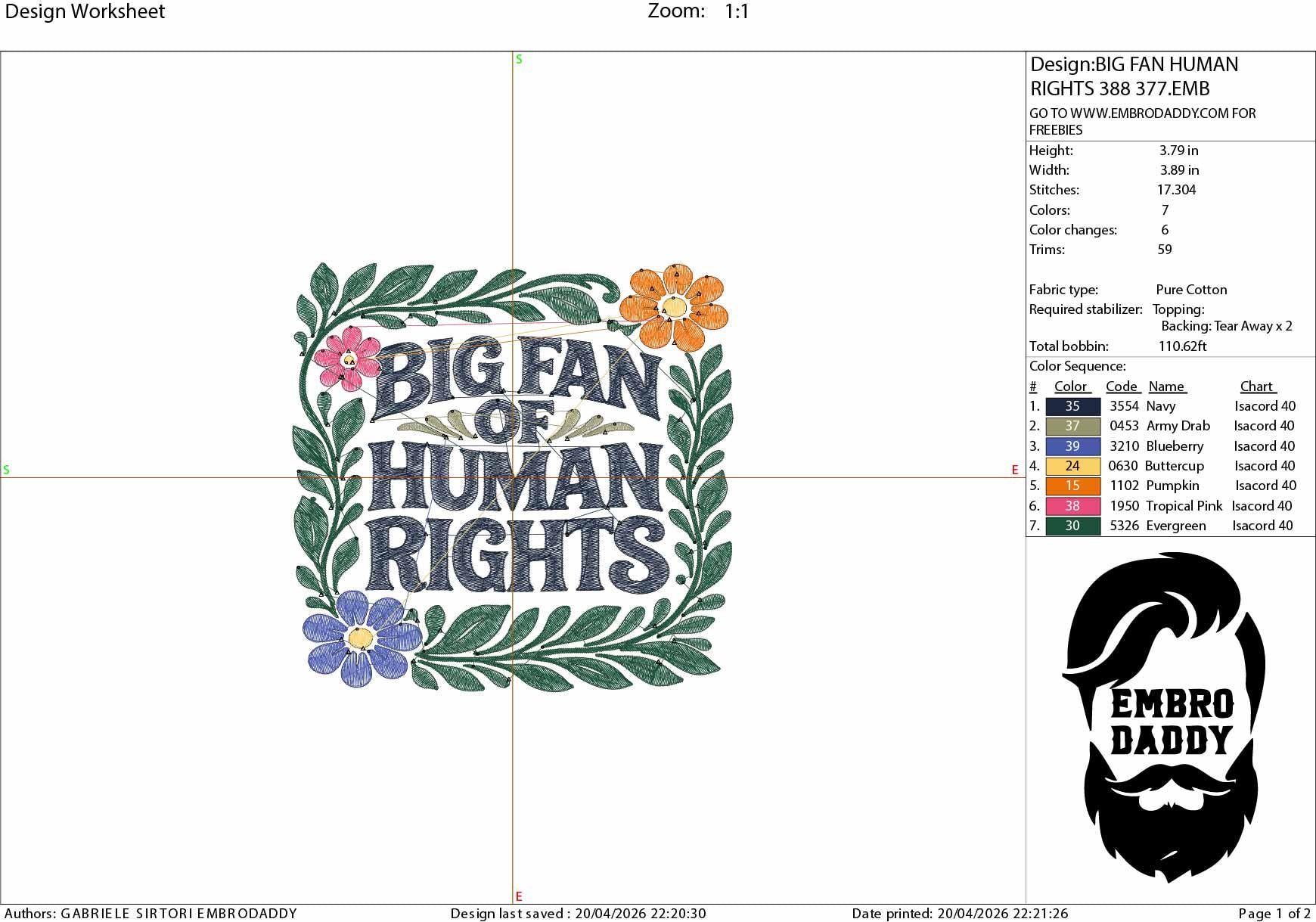 Machine Embroidery files, Big Fan Of Human Rights, Human Rights, Womens Rights, activists, PES, dst, hus & more