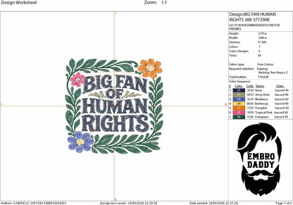 Machine Embroidery files, Big Fan Of Human Rights, Human Rights, Womens Rights, activists, PES, dst, hus & more