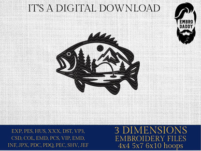 Machine Embroidery files, Bass Fishing, mountains, river, fisher, Fisherman, PES, DST, hus & more