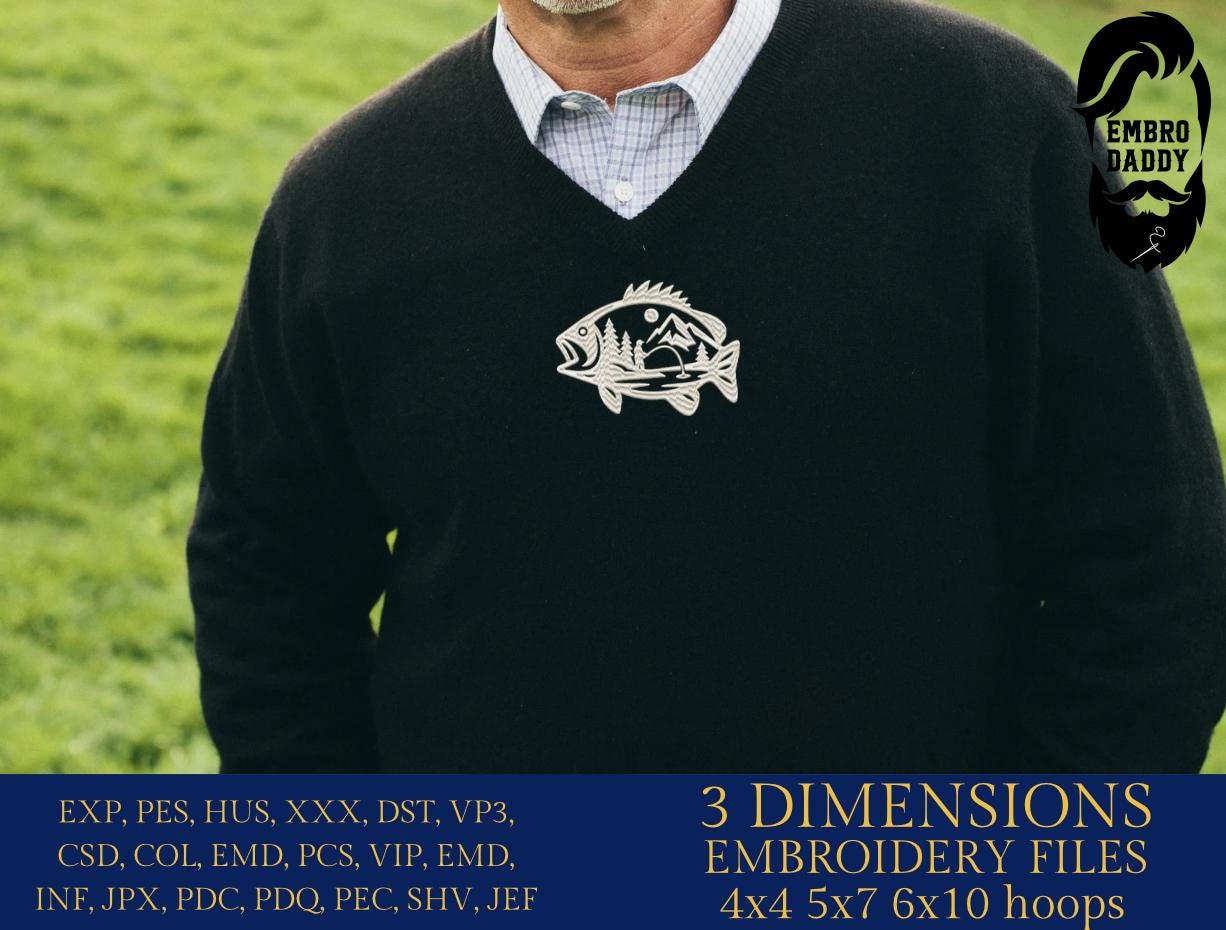 Machine Embroidery files, Bass Fishing, mountains, river, fisher, Fisherman, PES, DST, hus & more