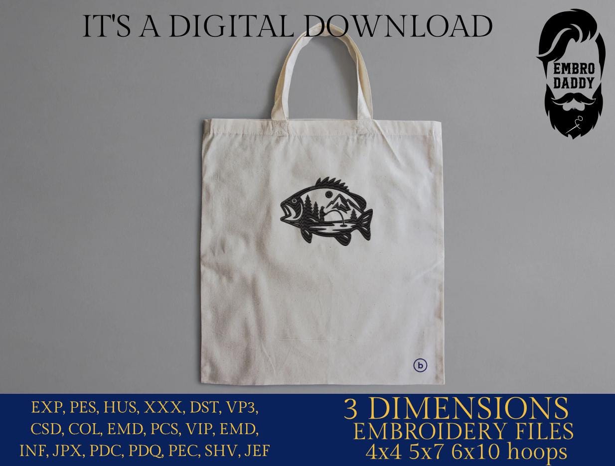Machine Embroidery files, Bass Fishing, mountains, river, fisher, Fisherman, PES, DST, hus & more