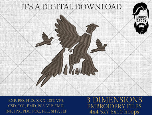 Machine Embroidery files, pheasant hunting, PES, dst, xxx, hus & more