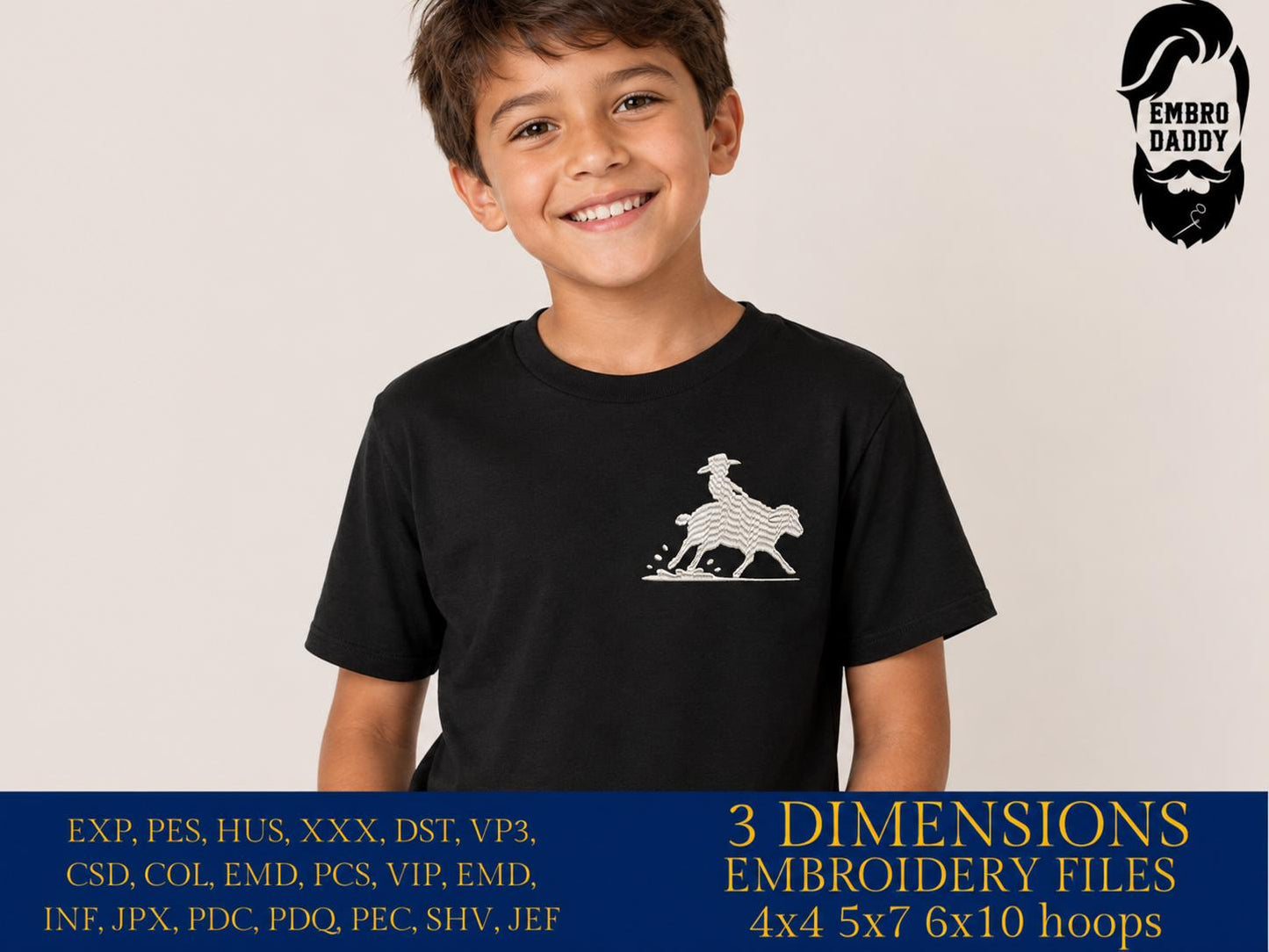 Machine Embroidery files, kid riding a sheep rider, Western, Country, PES, DST, xxx, hus & more