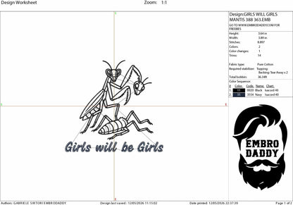 Machine Embroidery, Girls Will Be Girls Witch, Funny, mantis, dark humor, PES, DST, xxx, hus and more
