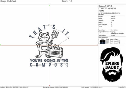 Machine Embroidery files, That’s It You’re Going in the Compost, Frog, Funny Gardening Meme, Plant Lover Eco, PES, DST, xxx, hus & more