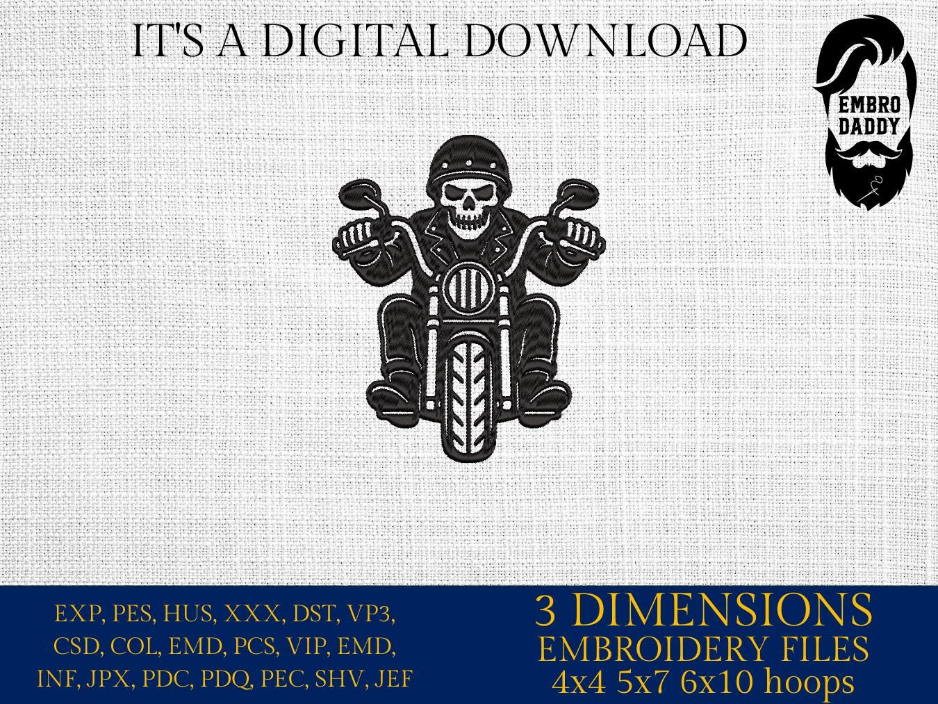 Machine Embroidery files, biker skeleton, motorbike, biker, PES, xxx, hus & more