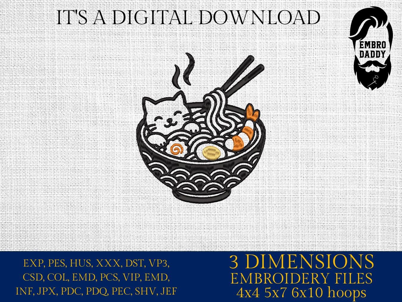Machine Embroidery files, Cute Cat, Japanese Noodle, Cartoon Cat, Cat Ramen, PES, DST, xxx, hus & more