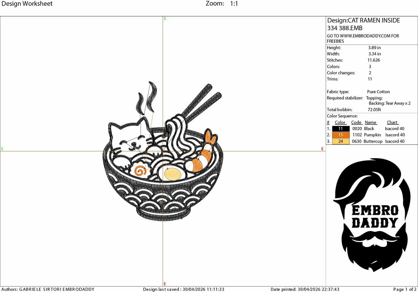 Machine Embroidery files, Cute Cat, Japanese Noodle, Cartoon Cat, Cat Ramen, PES, DST, xxx, hus & more