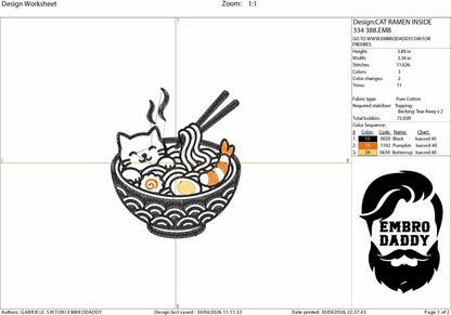 Machine Embroidery files, Cute Cat, Japanese Noodle, Cartoon Cat, Cat Ramen, PES, DST, xxx, hus & more