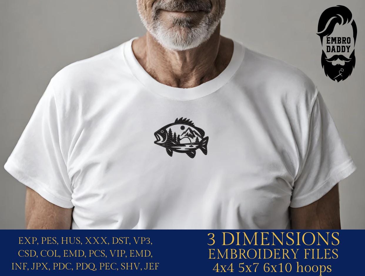 Machine Embroidery files, Bass Fishing, mountains, river, fisher, Fisherman, PES, DST, hus & more