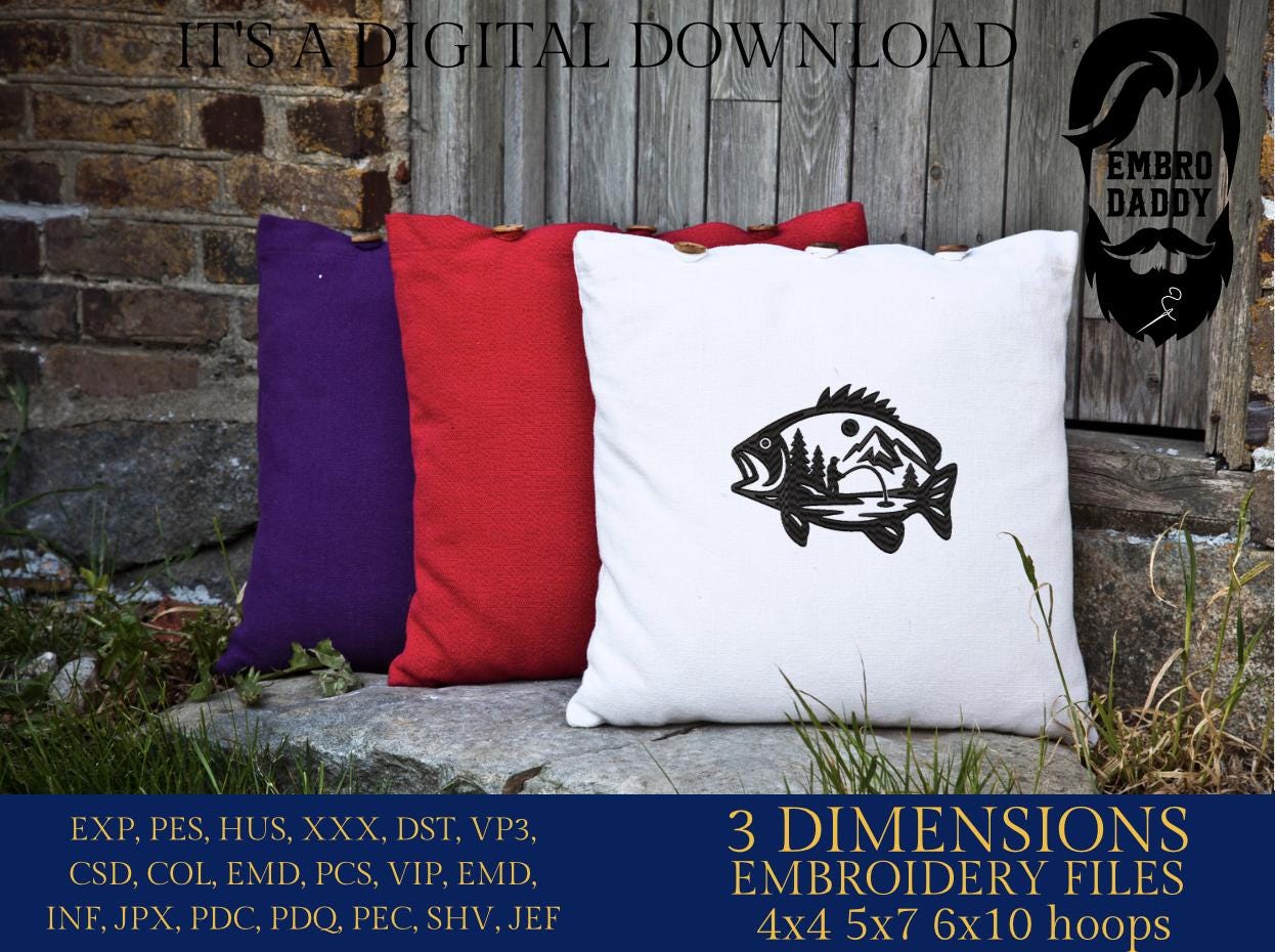 Machine Embroidery files, Bass Fishing, mountains, river, fisher, Fisherman, PES, DST, hus & more