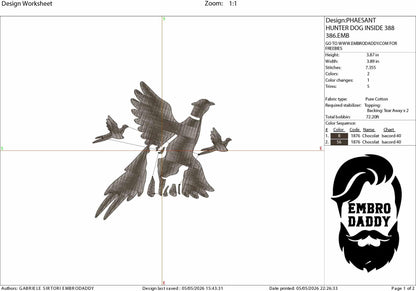 Machine Embroidery files, pheasant hunting, PES, dst, xxx, hus & more