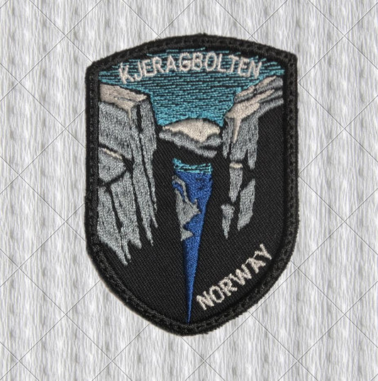 Kjeragbolten Patch – Norway Hiking Embroidered Badge | Scandinavian Mountains Adventure Patch