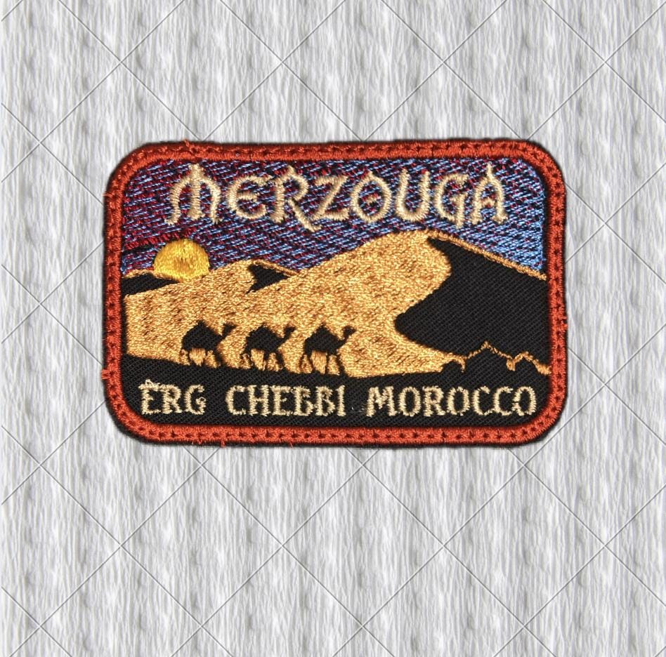 Merzouga Erg Chebbi Morocco Embroidered Patch, Sahara Desert Camel Patch, Moroccan Dunes Travel Badge, Iron On or Sew On Souvenir Patch