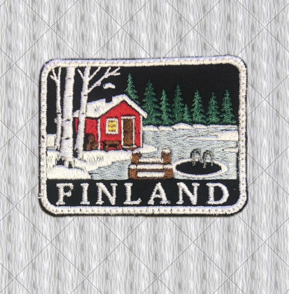 Finland Winter Patch – Finnish Sauna Embroidered Patch, Avanto Ice Swimming Badge, Nordic Travel Souvenir, Finland Lake Patch