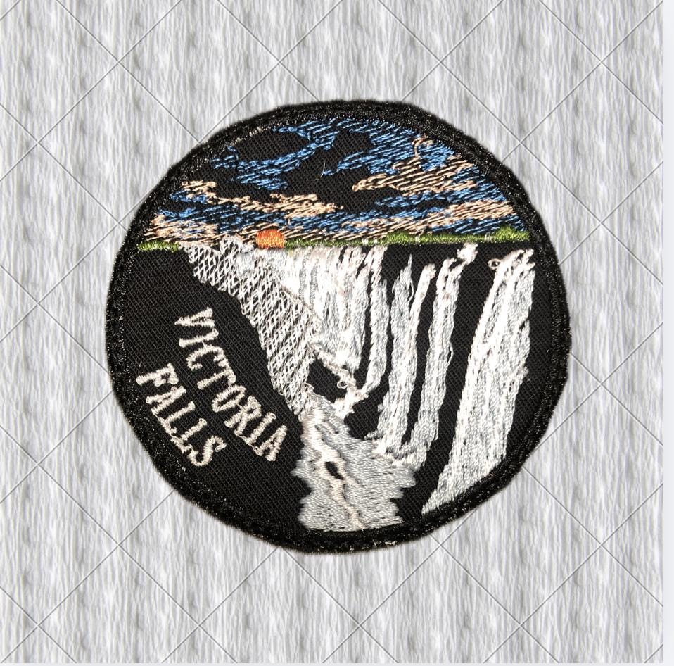 Victoria Falls Embroidered Patch – 80 mm Round Waterfall Travel Badge – Zimbabwe Zambia Souvenir Patch