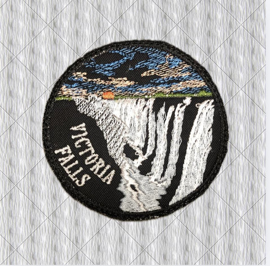 Victoria Falls Embroidered Patch – 80 mm Round Waterfall Travel Badge – Zimbabwe Zambia Souvenir Patch
