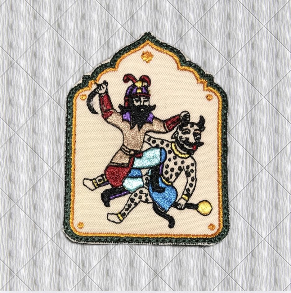 Rostam and White Div Persian Patch, Shahnameh Folk Art Badge, Iranian Mythology Sew-On Patch