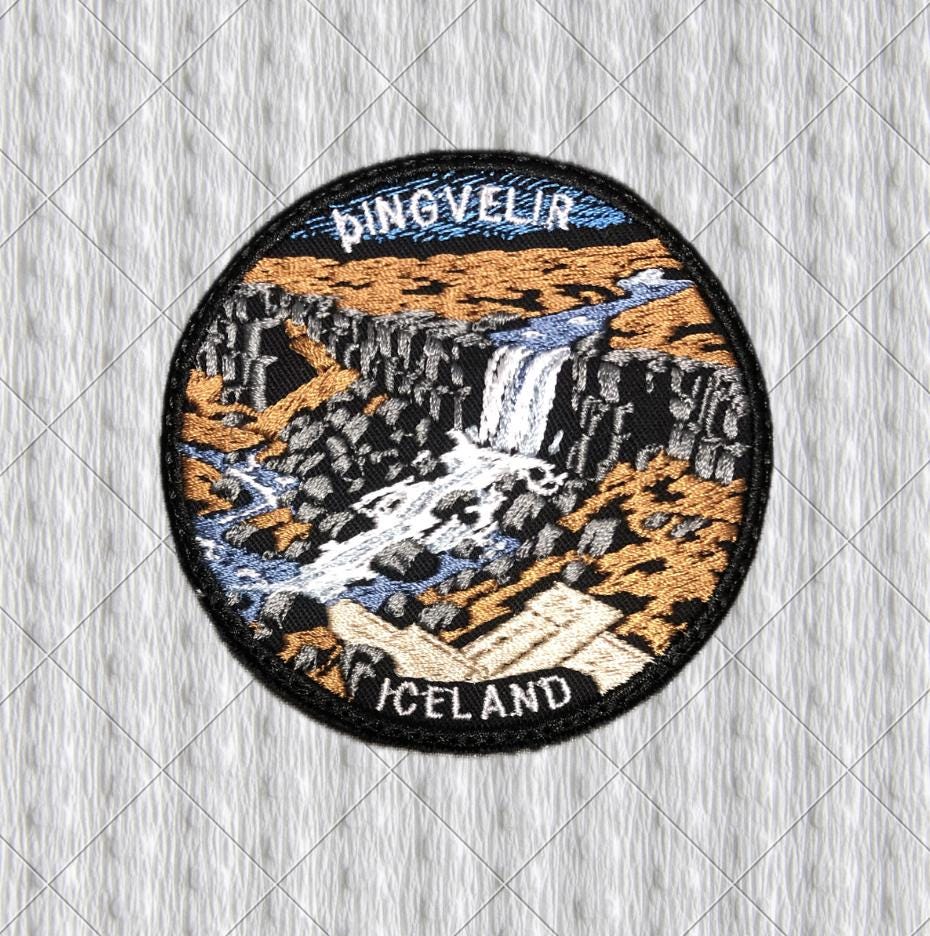 Thingvellir Þingvellir Iceland Embroidered Patch – Öxarárfoss Waterfall Travel Souvenir – 80 mm Iron-On or Sew-On Badge