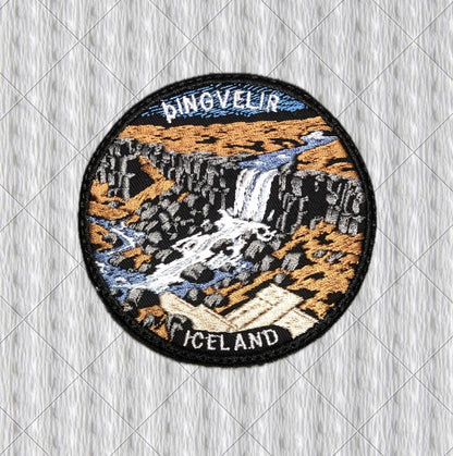 Thingvellir Þingvellir Iceland Embroidered Patch – Öxarárfoss Waterfall Travel Souvenir – 80 mm Iron-On or Sew-On Badge