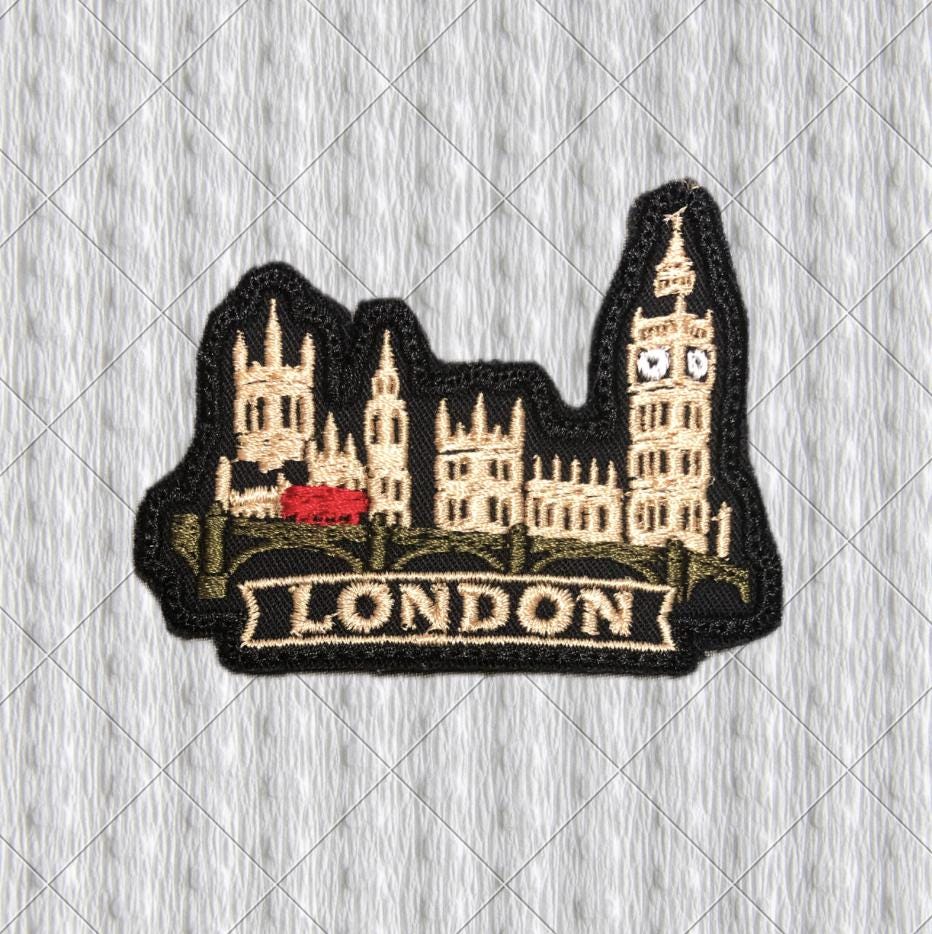 Embroidered London Patch 80 mm – Big Ben, Westminster Bridge and Red Bus – UK Travel Souvenir Patch