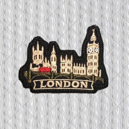 Embroidered London Patch 80 mm – Big Ben, Westminster Bridge and Red Bus – UK Travel Souvenir Patch