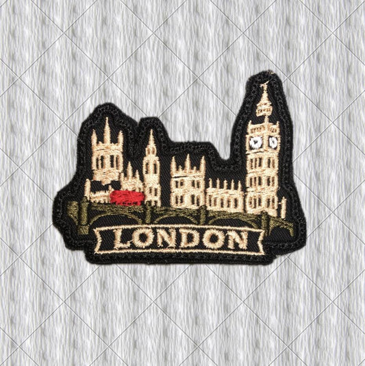Embroidered London Patch 80 mm – Big Ben, Westminster Bridge and Red Bus – UK Travel Souvenir Patch