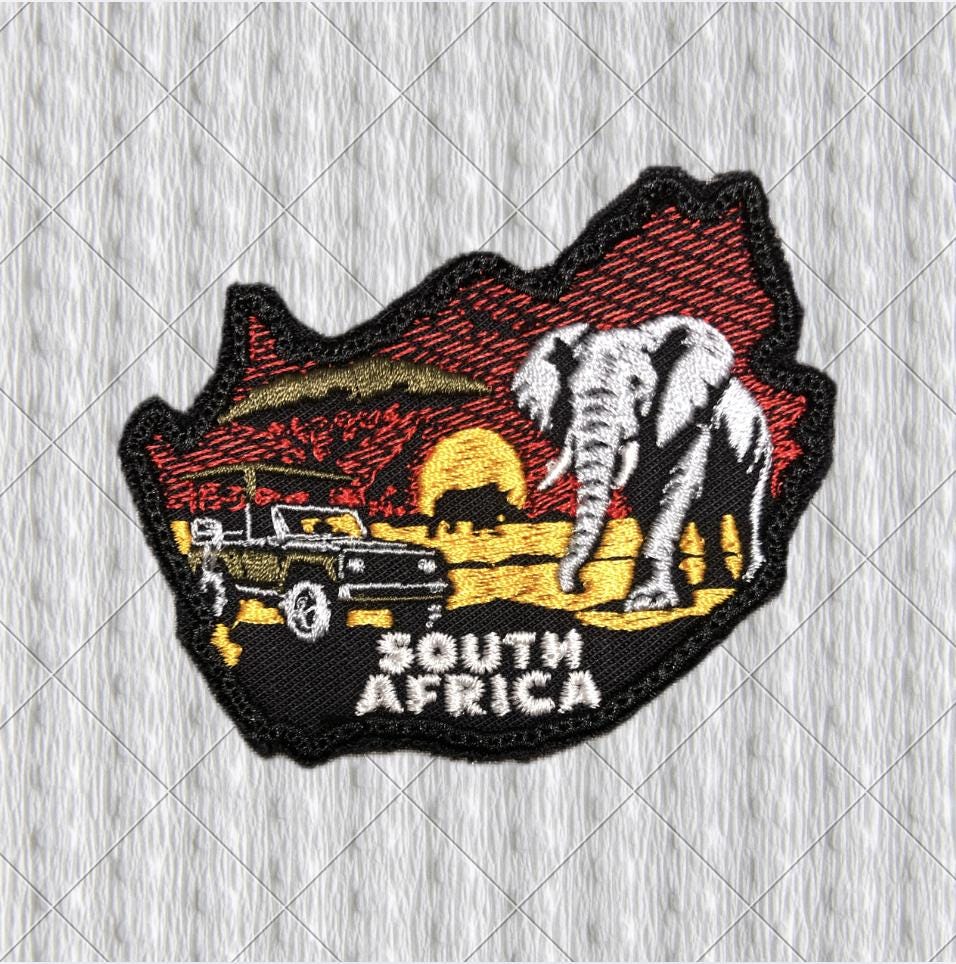 South Africa Safari Patch, Embroidered Country Map Badge with Safari Vehicle, Elephant, Giraffe and Rhino, Travel Souvenir