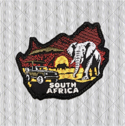 South Africa Safari Patch, Embroidered Country Map Badge with Safari Vehicle, Elephant, Giraffe and Rhino, Travel Souvenir
