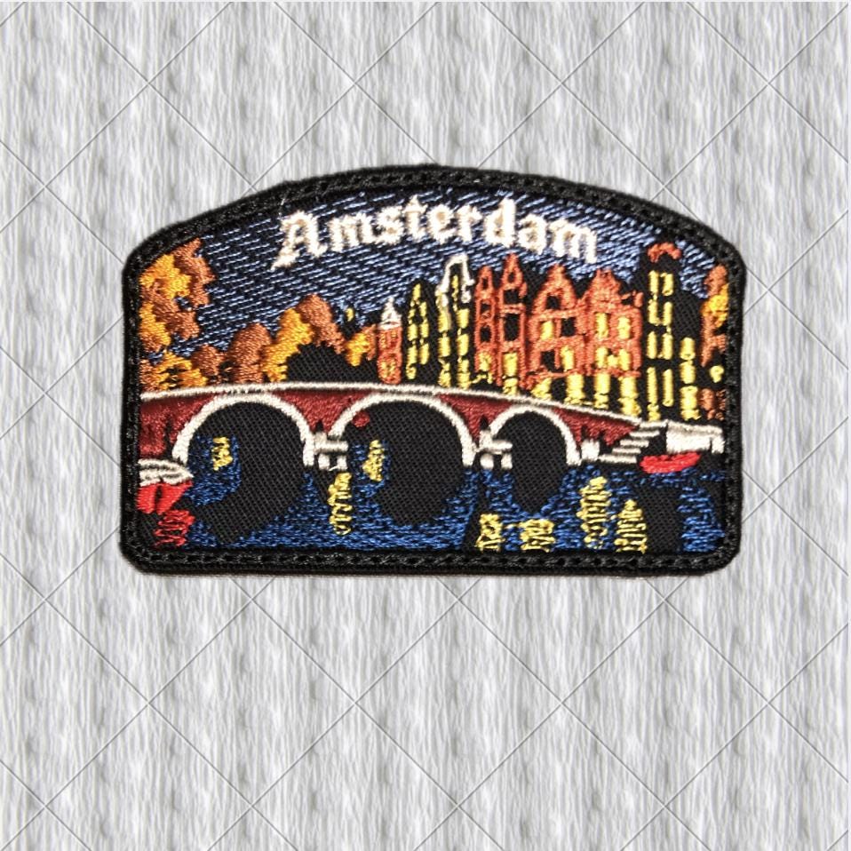 Amsterdam Embroidered Patch, Dutch Canal Bridge and Houses, Autumn Cityscape, Travel Souvenir