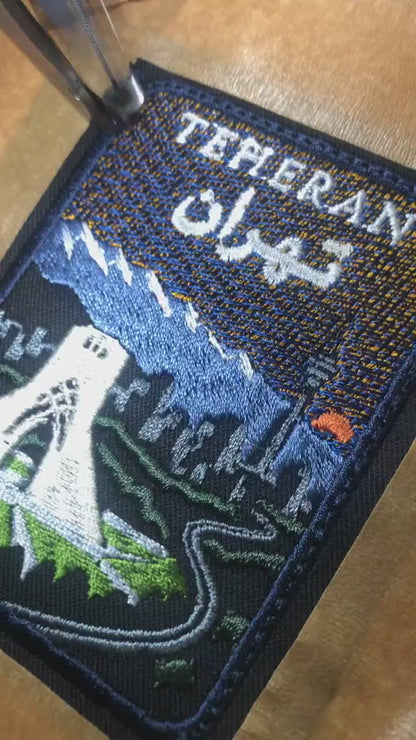 Tehran Embroidered Patch – Iranian Travel Patch with Azadi Tower, Milad Tower and Alborz Mountains – 80 mm