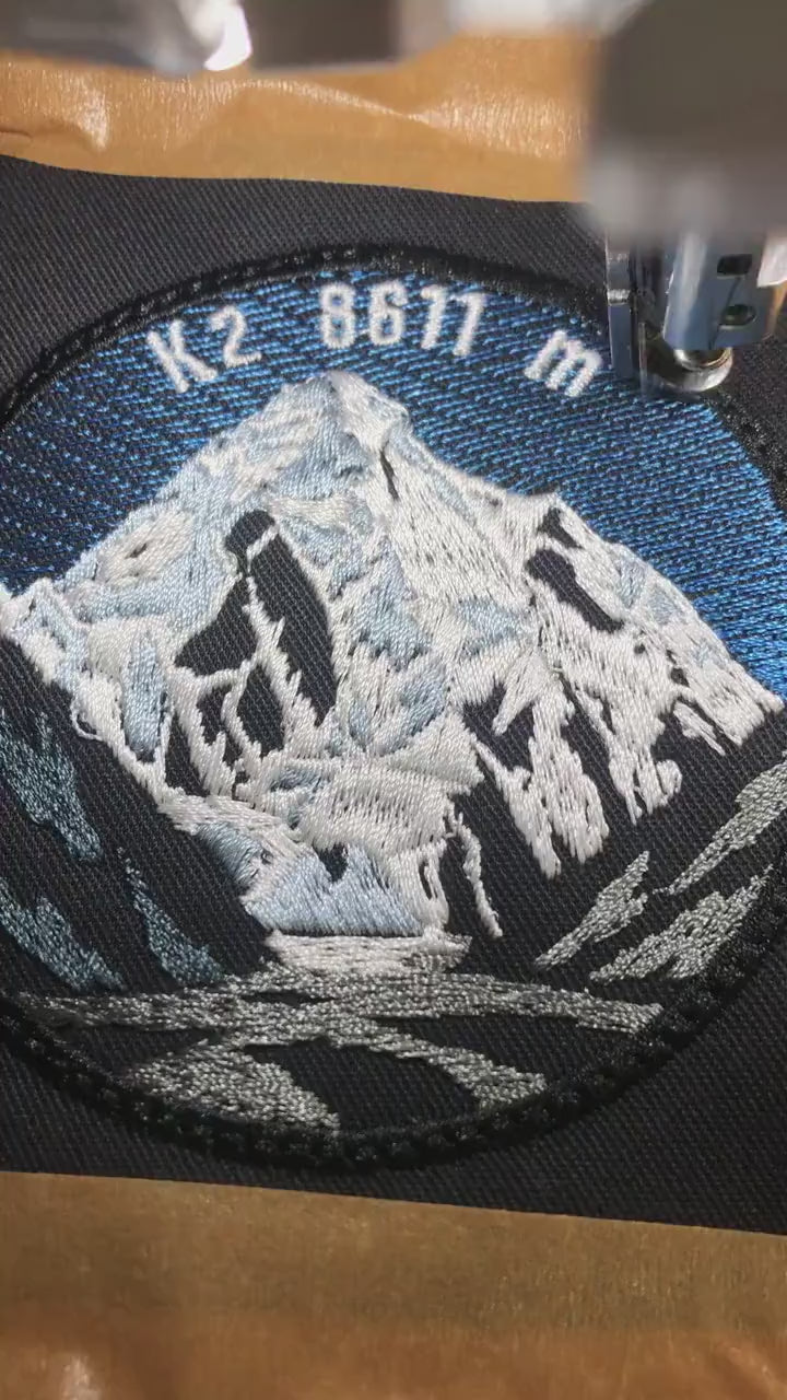 K2 Embroidered Patch, Karakoram Mountain, 80mm Round Black Twill Patch, Mountaineering Gift, Backpack Badge