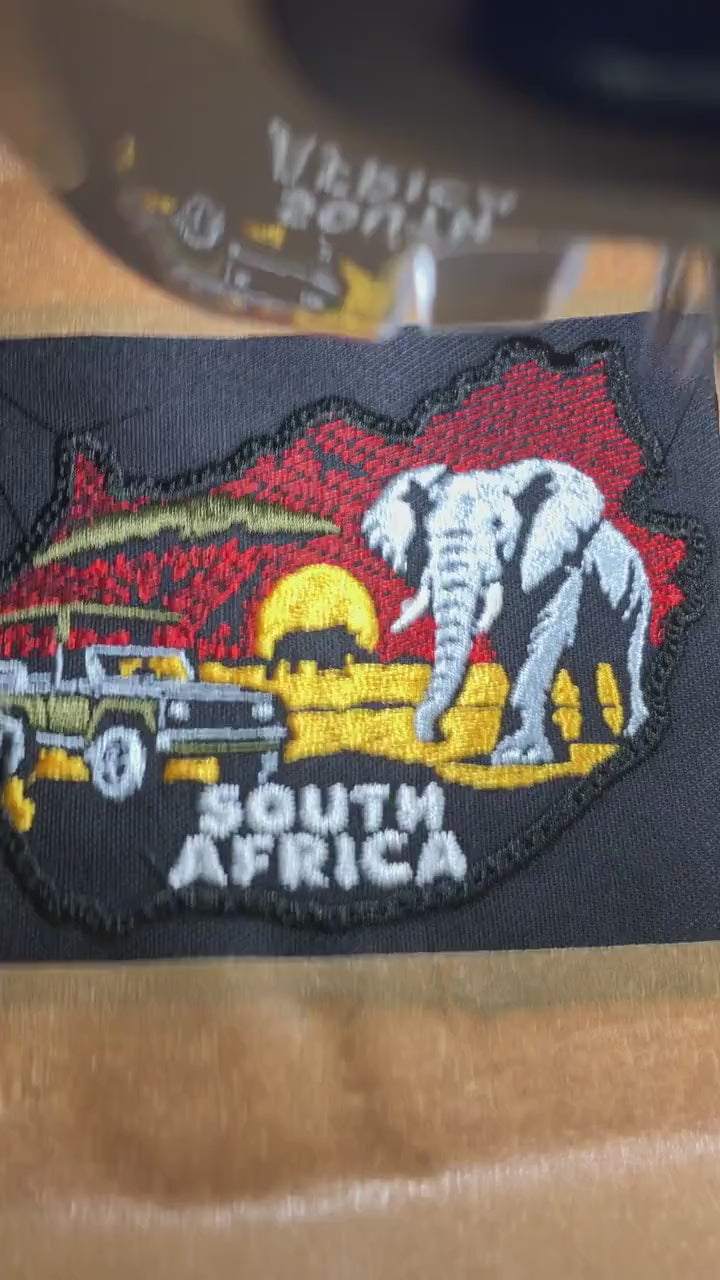 South Africa Safari Patch, Embroidered Country Map Badge with Safari Vehicle, Elephant, Giraffe and Rhino, Travel Souvenir