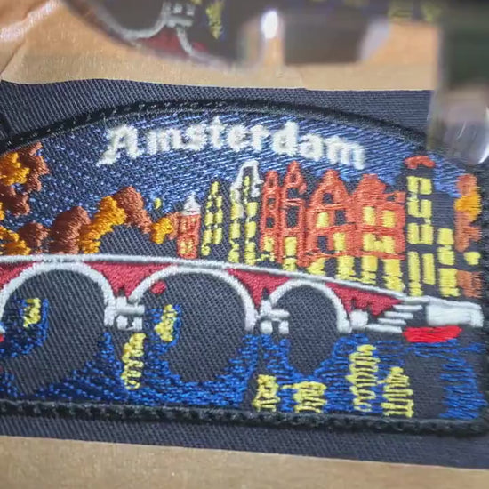 Amsterdam Embroidered Patch, Dutch Canal Bridge and Houses, Autumn Cityscape,  Travel Souvenir