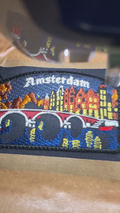 Amsterdam Embroidered Patch, Dutch Canal Bridge and Houses, Autumn Cityscape,  Travel Souvenir