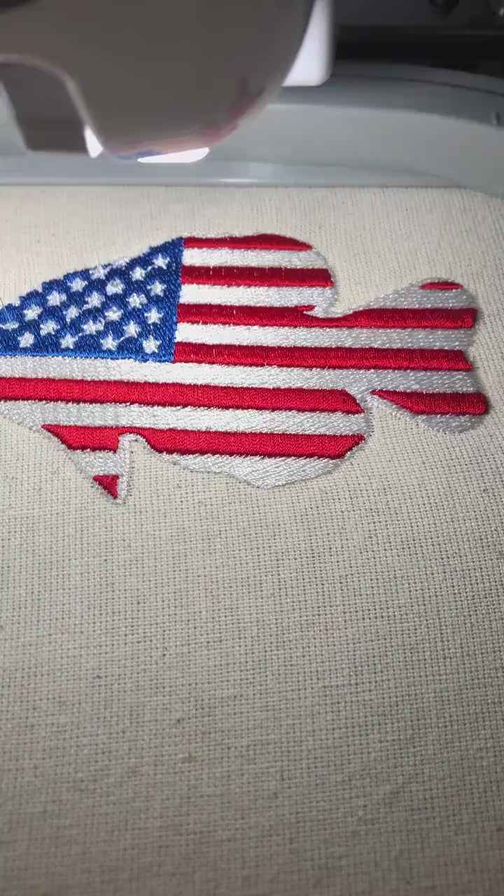 Machine Embroidery files, Crappie fish USA flag, American Flag, PES, DST, xxx, hus & more