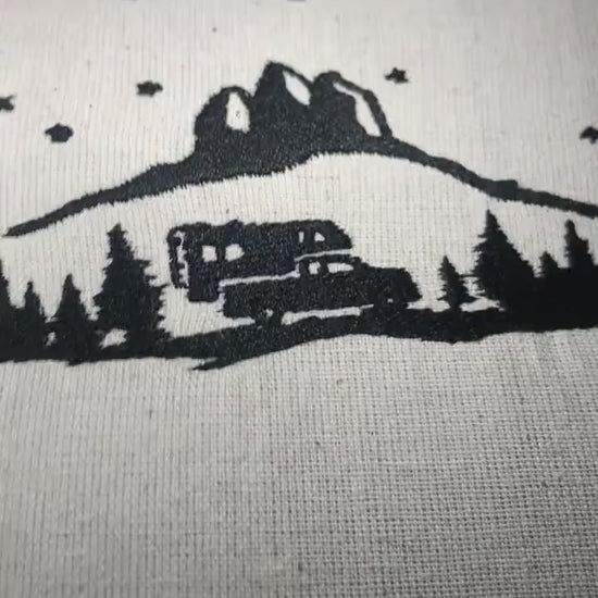 Machine Embroidery files, Pickup Truck Camper, Mountain Forest, Camping in the Woods Silhouette, RV, Trailer, PES, hus, dst, vp3 & more