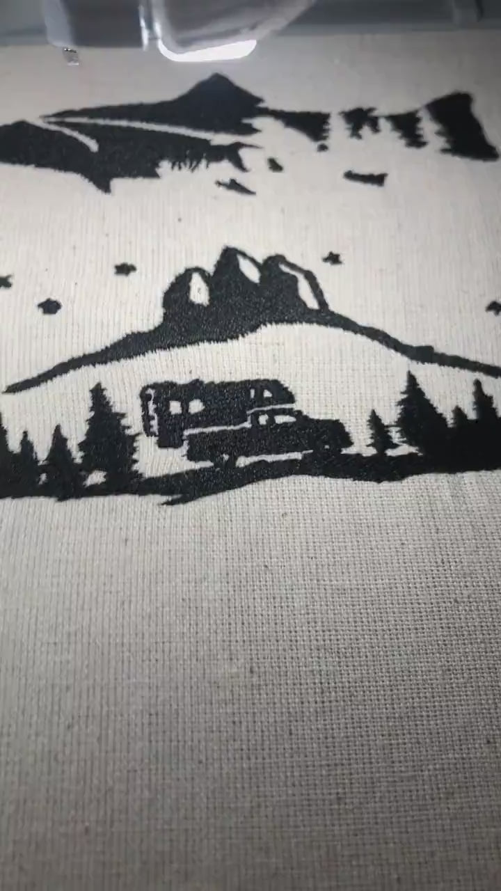 Machine Embroidery files, Pickup Truck Camper, Mountain Forest, Camping in the Woods Silhouette, RV, Trailer, PES, hus, dst, vp3 & more