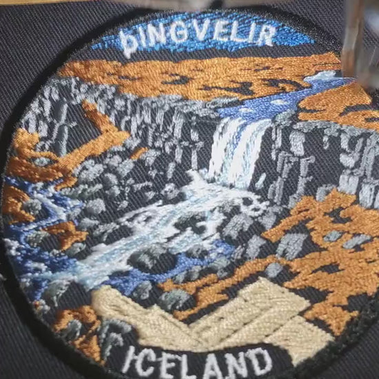 Thingvellir Þingvellir Iceland Embroidered Patch – Öxarárfoss Waterfall Travel Souvenir – 80 mm Iron-On or Sew-On Badge