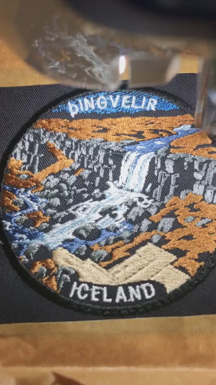 Thingvellir Þingvellir Iceland Embroidered Patch – Öxarárfoss Waterfall Travel Souvenir – 80 mm Iron-On or Sew-On Badge